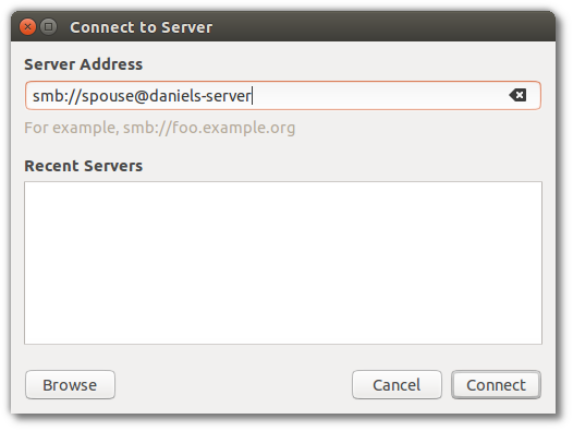 Connecting to a Samba server (note that the `spouse @` part can be omitted if the spouse has identical user names on both her own computer and the Samba server