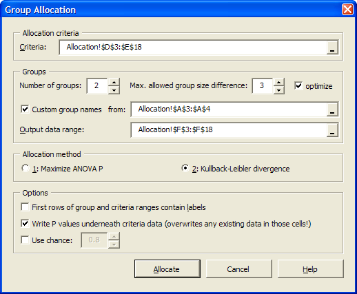 Allocation example settings