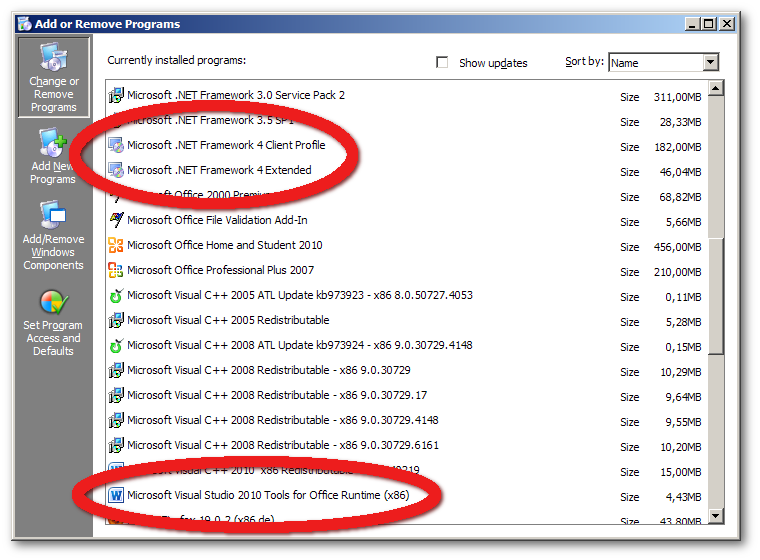 Add/Remove Programs with .NET and VSTO runtimes installed.