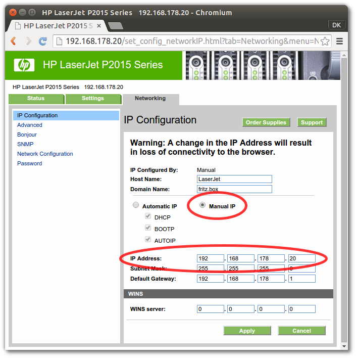 LaserJet network settings set to static IP