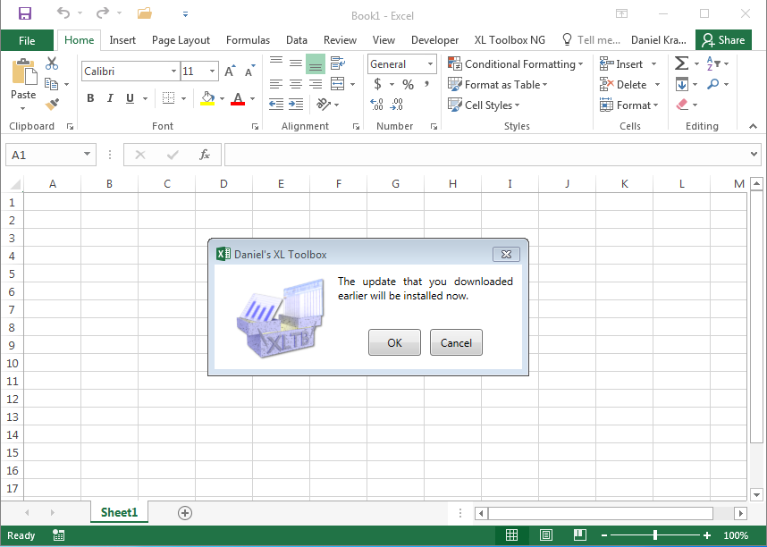 On closing Excel, the XL Toolbox prompts to perform the update.