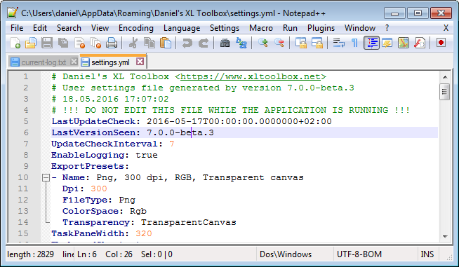 User settings use the YAML format